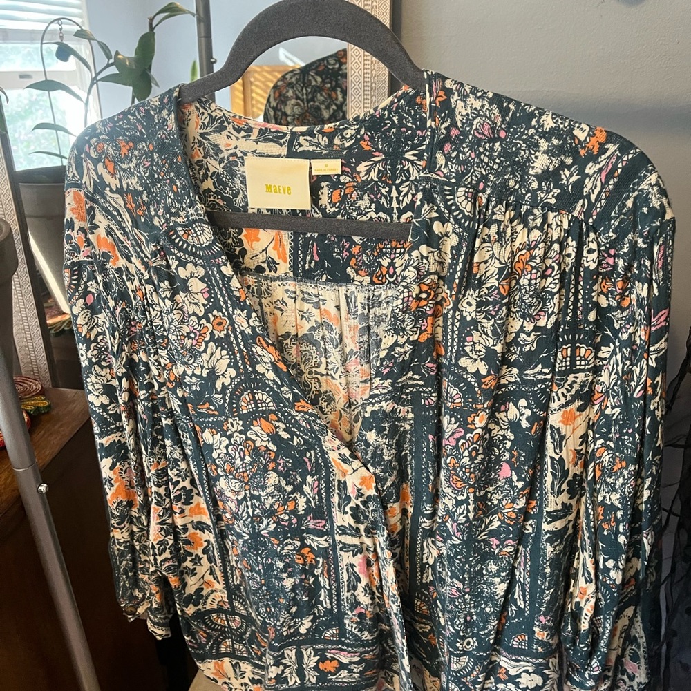 Maeve Green Floral Print Top with Orange and Cream Accents